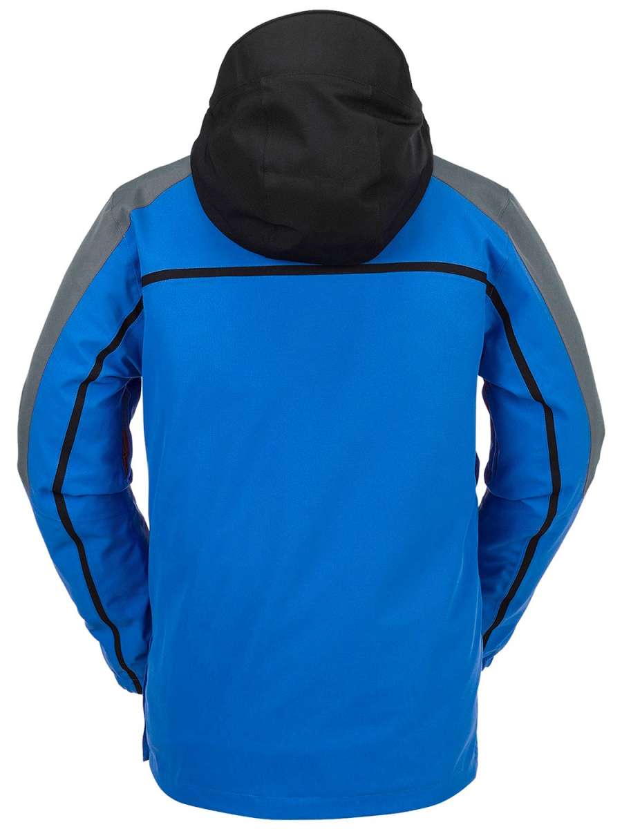 Volcom Brighton Pullover Jacket 2024 - A blue jacket with a black hood and gray accents on the shoulders and sleeves.
