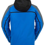 Volcom Brighton Pullover Jacket 2024 - A blue jacket with a black hood and gray accents on the shoulders and sleeves.