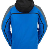Volcom Brighton Pullover Jacket 2024 - A blue jacket with a black hood and gray accents on the shoulders and sleeves.