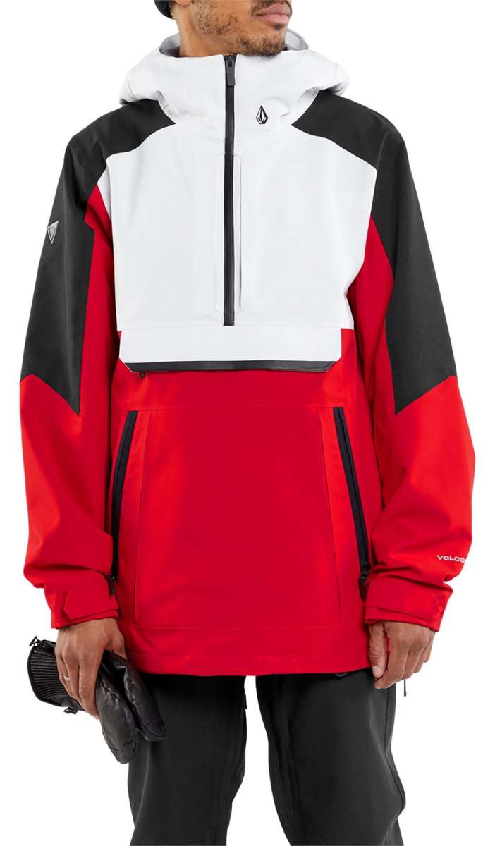 Volcom Brighton Pullover Jacket - A red, black, and white jacket with a hood, featuring a zipper down the front.