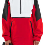 Volcom Brighton Pullover Jacket - A red, black, and white jacket with a hood, featuring a zipper down the front.