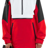 Volcom Brighton Pullover Jacket - A red, black, and white jacket with a hood, featuring a zipper down the front.