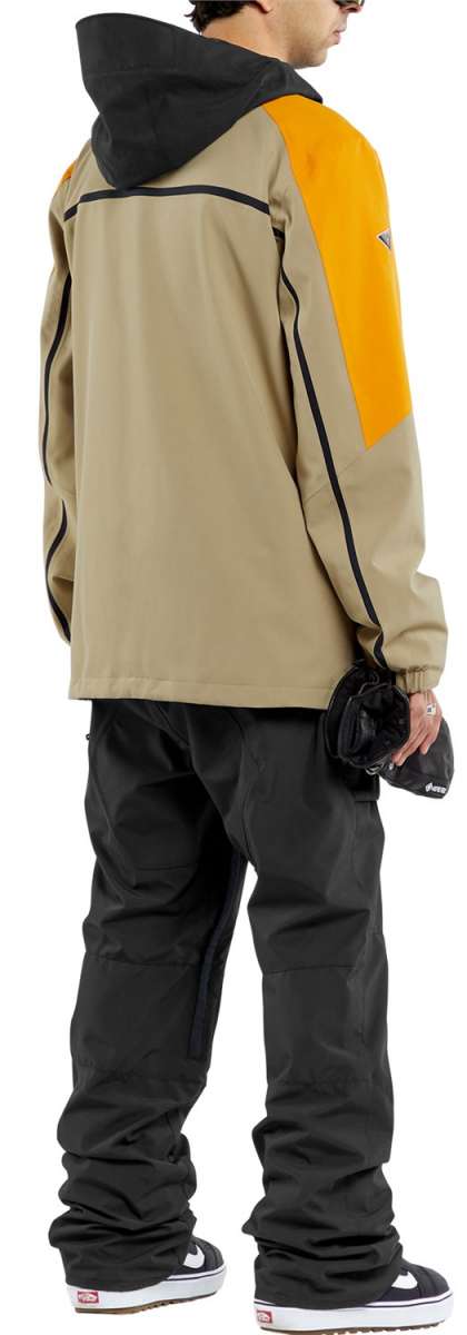 Volcom - A tan jacket with a black hood, featuring orange accents on the shoulders and chest.