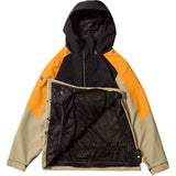 Volcom Brighton Pullover Jacket 2024 - A black jacket with a yellow stripe on the shoulder and sleeve, featuring a zipper closure.