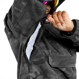Volcom Brighton Pullover Jacket 2024 - A black jacket with a subtle gray camouflage pattern and a zippered chest pocket.