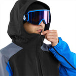 Volcom Brighton Pullover Jacket 2024 - A black jacket with a hood and blue accents on the shoulders and chest.