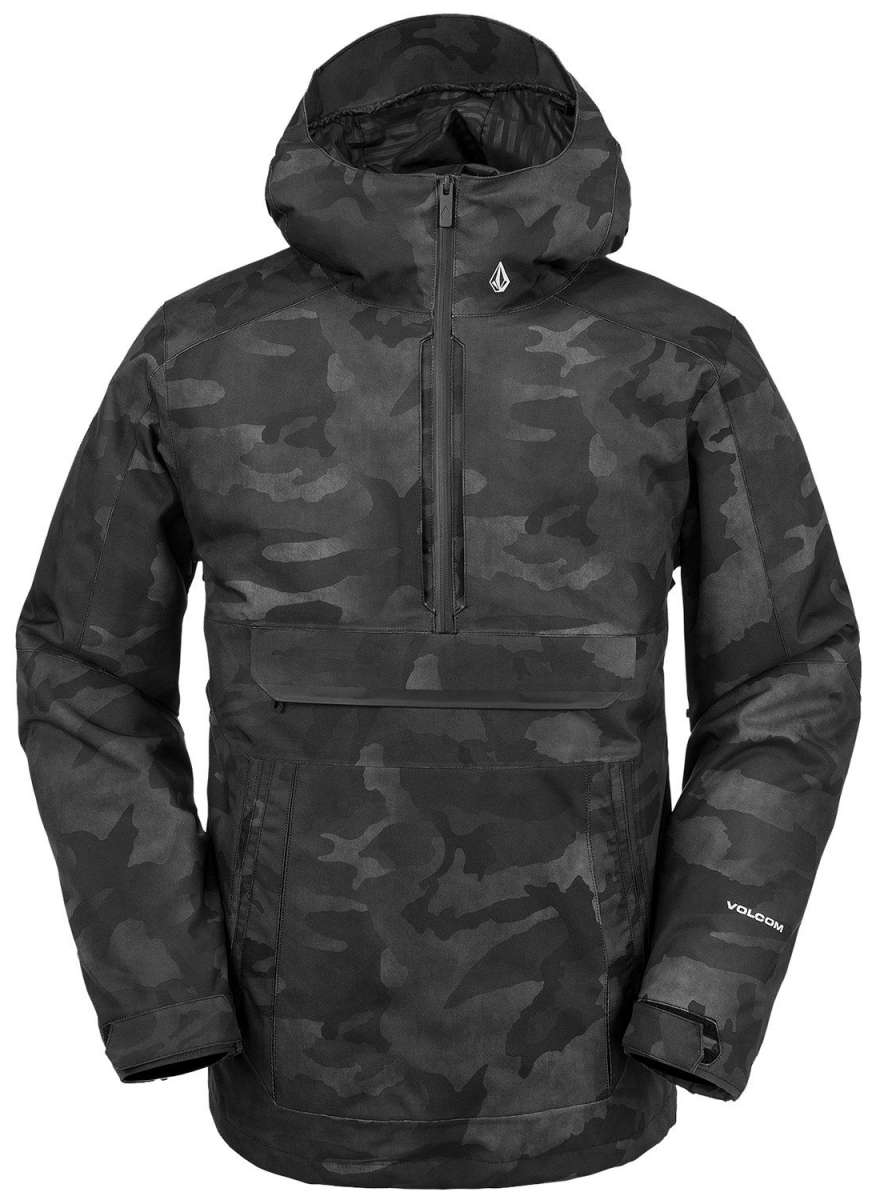 Volcom Brighton Pullover Jacket 2024 - A black jacket with a subtle gray camouflage pattern, featuring a hood and zip closure.