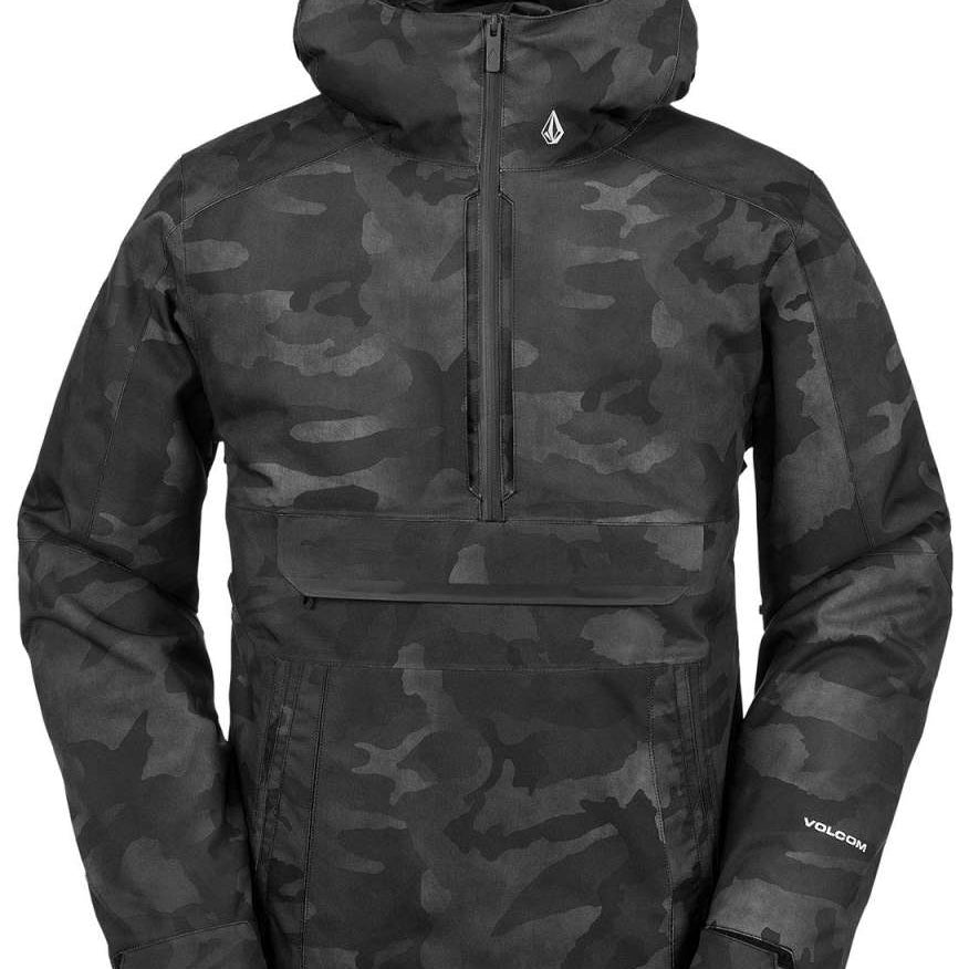 Volcom Brighton Pullover Jacket 2024 - A black jacket with a subtle gray camouflage pattern, featuring a hood and zip closure.
