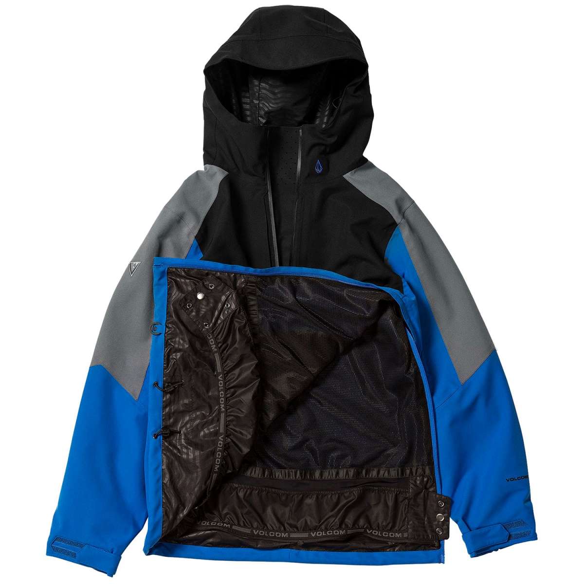 Volcom Brighton Pullover Jacket 2024 - A black, gray, and blue jacket with a hood, featuring a zippered front and two pockets on either side.