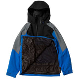 Volcom Brighton Pullover Jacket 2024 - A black, gray, and blue jacket with a hood, featuring a zippered front and two pockets on either side.