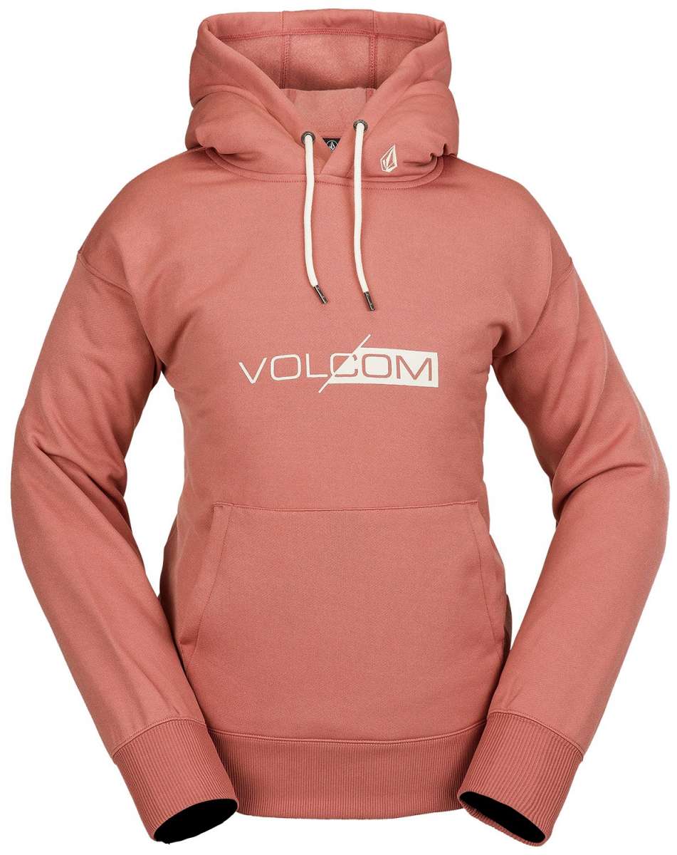 Volcom Women's Core Hydro Hoodie 2024 - A dusty rose hoodie with a white logo on the chest and a drawstring hood.