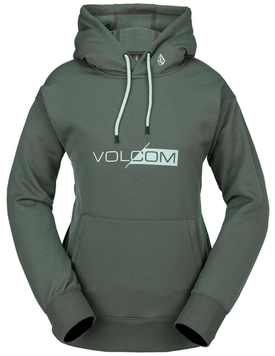 Volcom Women's Core Hydro Hoodie 2024 - A dark green hoodie with a hood and drawstrings, featuring a logo on the chest.