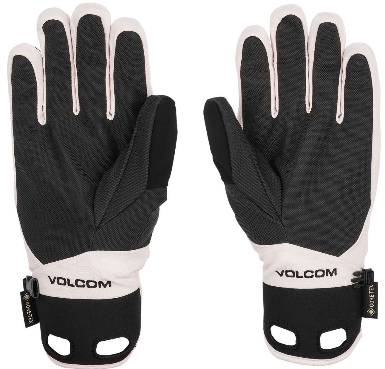 Volcom CP2 GORE-TEX Gloves - A pair of black gloves with a textured pattern on the palm and fingers, featuring a white logo on the wrist strap.