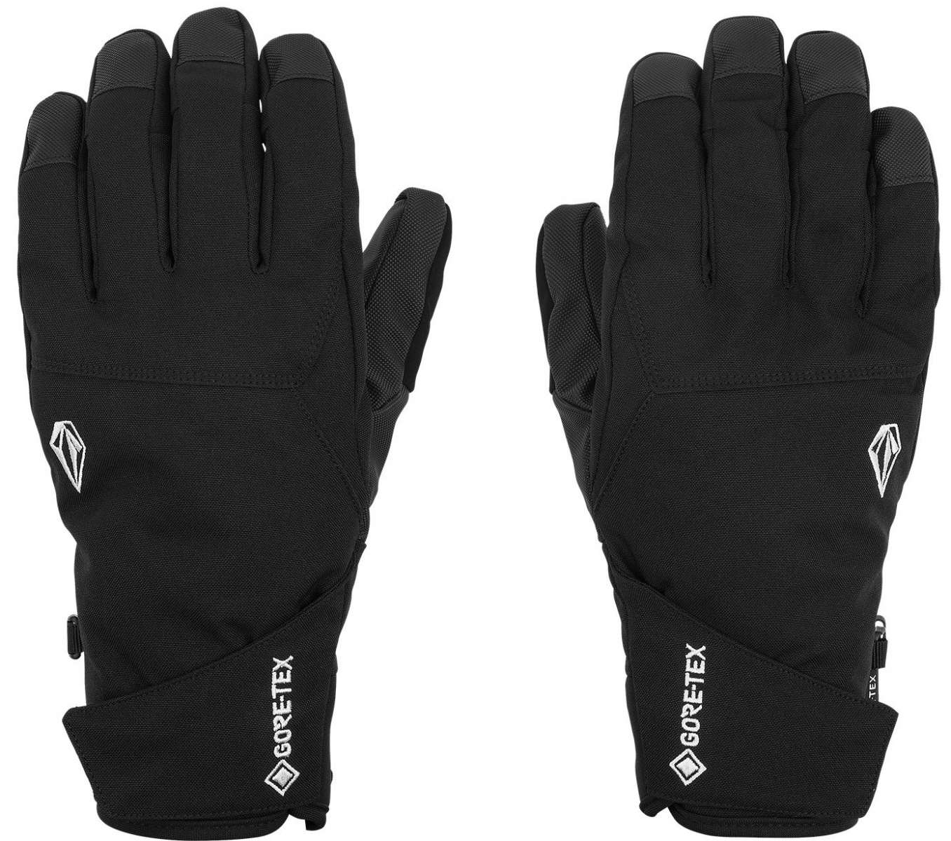 Volcom CP2 GORE-TEX Gloves - A pair of black gloves with a textured palm and fingers, featuring a white logo on the wrist strap.