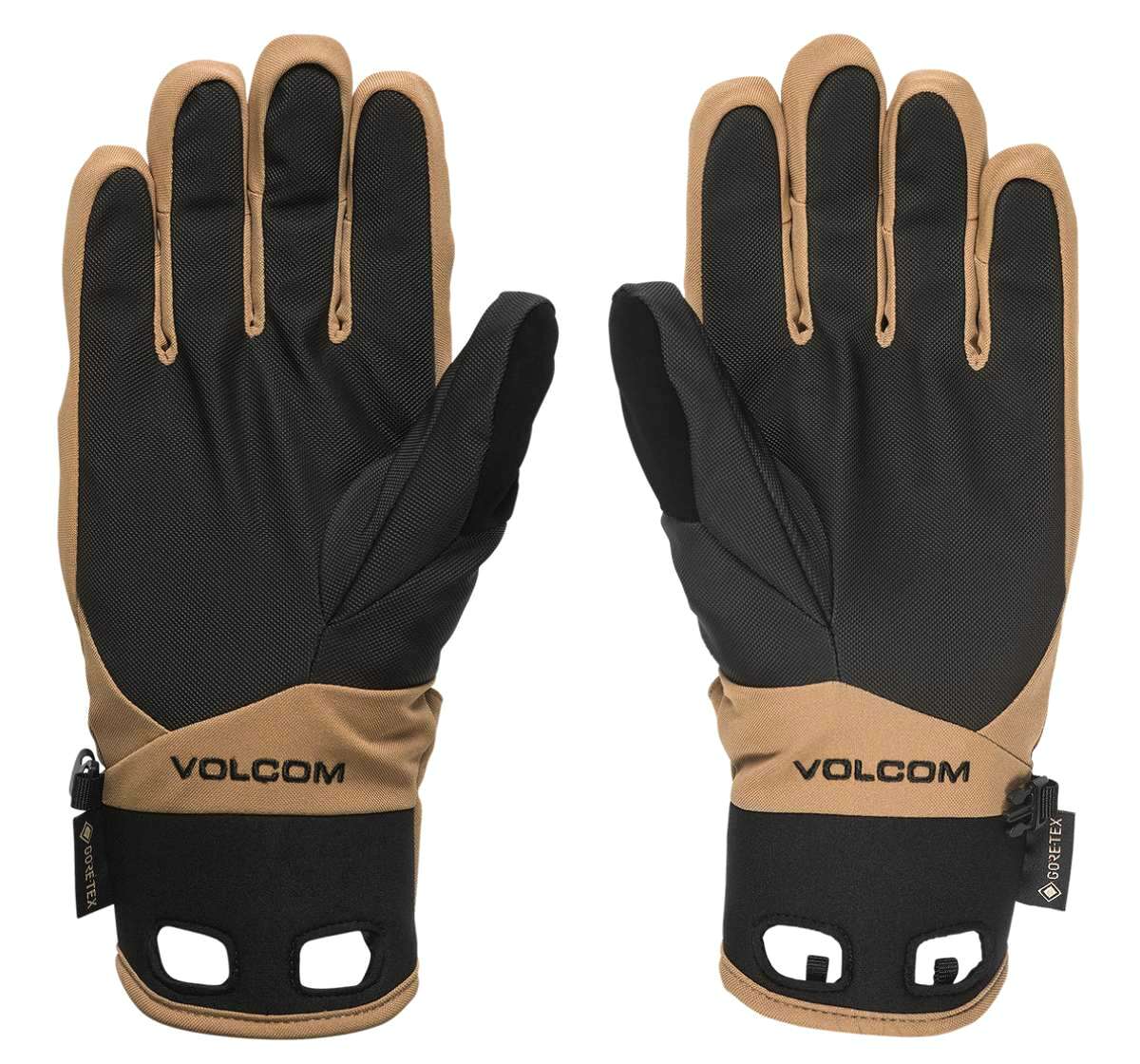 Volcom CP2 GORE-TEX Gloves - A pair of black gloves with tan trim and a tan band around the wrist, featuring a mesh pattern on the back of the hand.