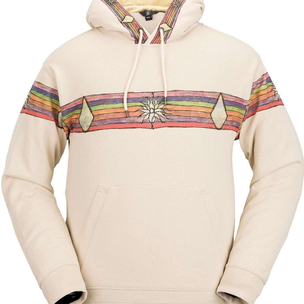 Volcom D.I. Fleece Pullover 2023 - A cream-colored fleece pullover with a horizontal stripe pattern featuring pink, green, and purple stripes.