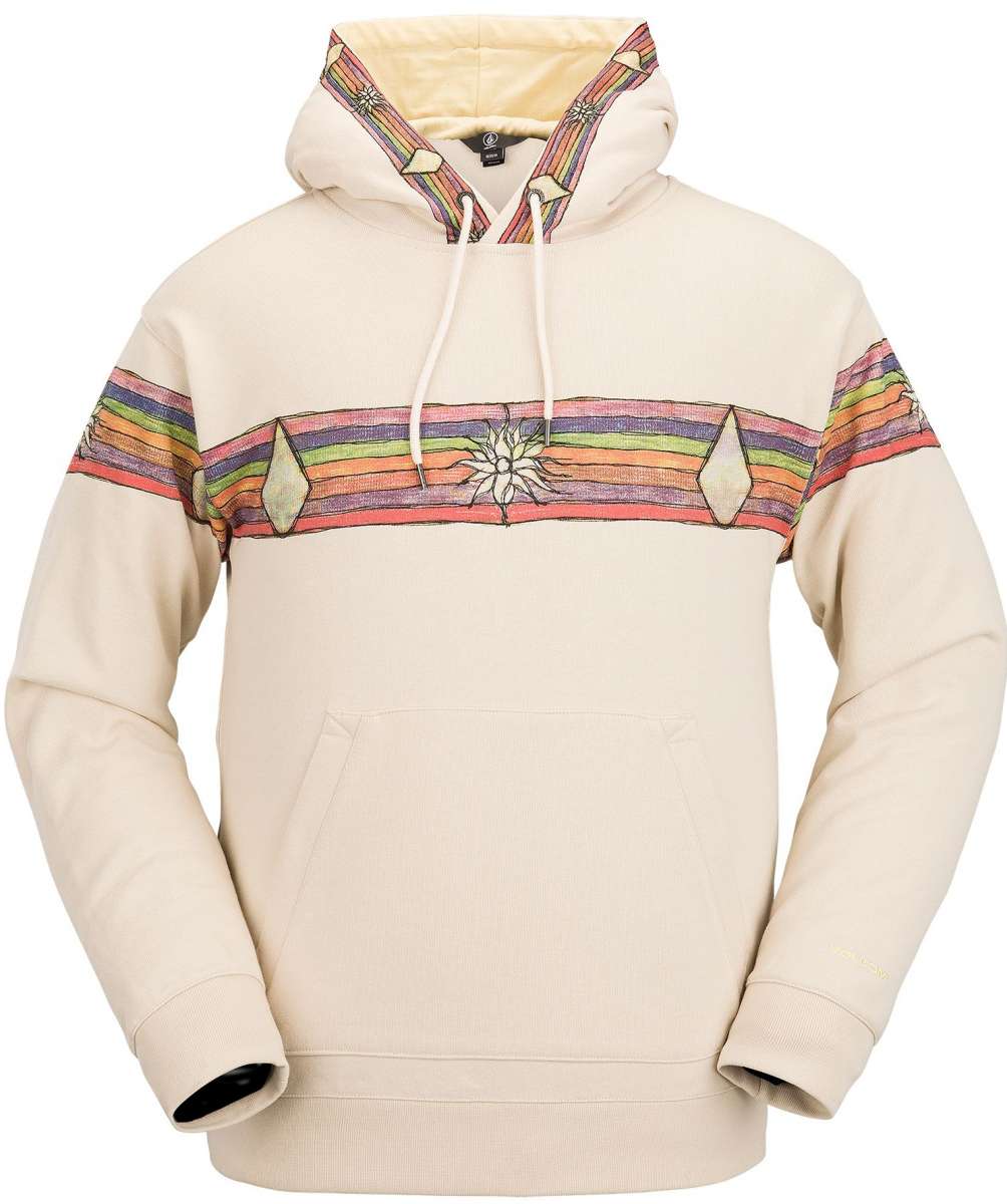 Volcom D.I. Fleece Pullover 2023 - A cream-colored fleece pullover with a horizontal stripe pattern featuring pink, green, and purple stripes.