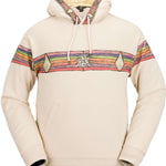 Volcom D.I. Fleece Pullover 2023 - A cream-colored fleece pullover with a horizontal stripe pattern featuring pink, green, and purple stripes.