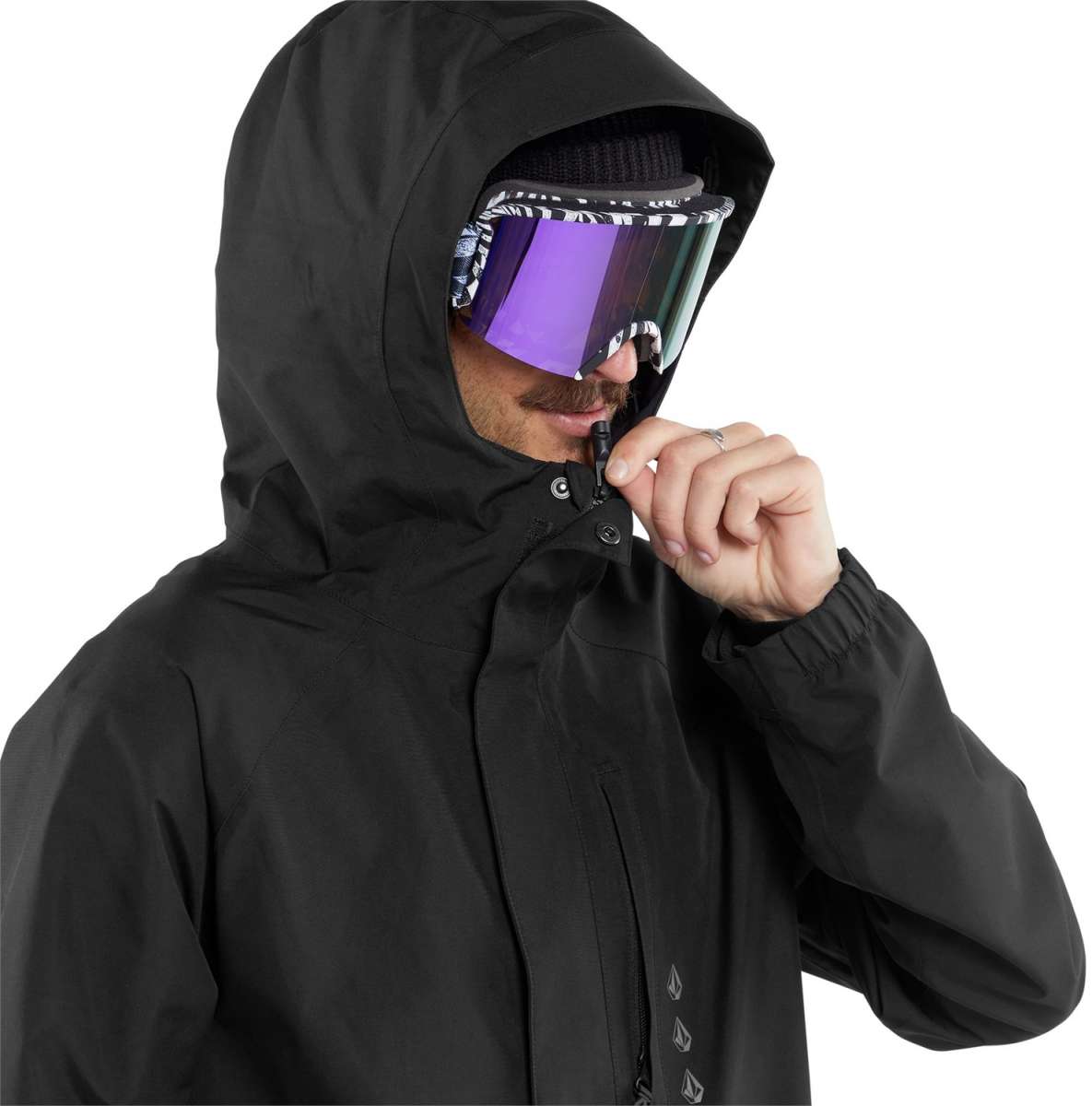 Volcom Dua Insulated GORE-TEX Jacket 2024 - A black jacket with a hood, featuring a zipper and snap buttons down the front.