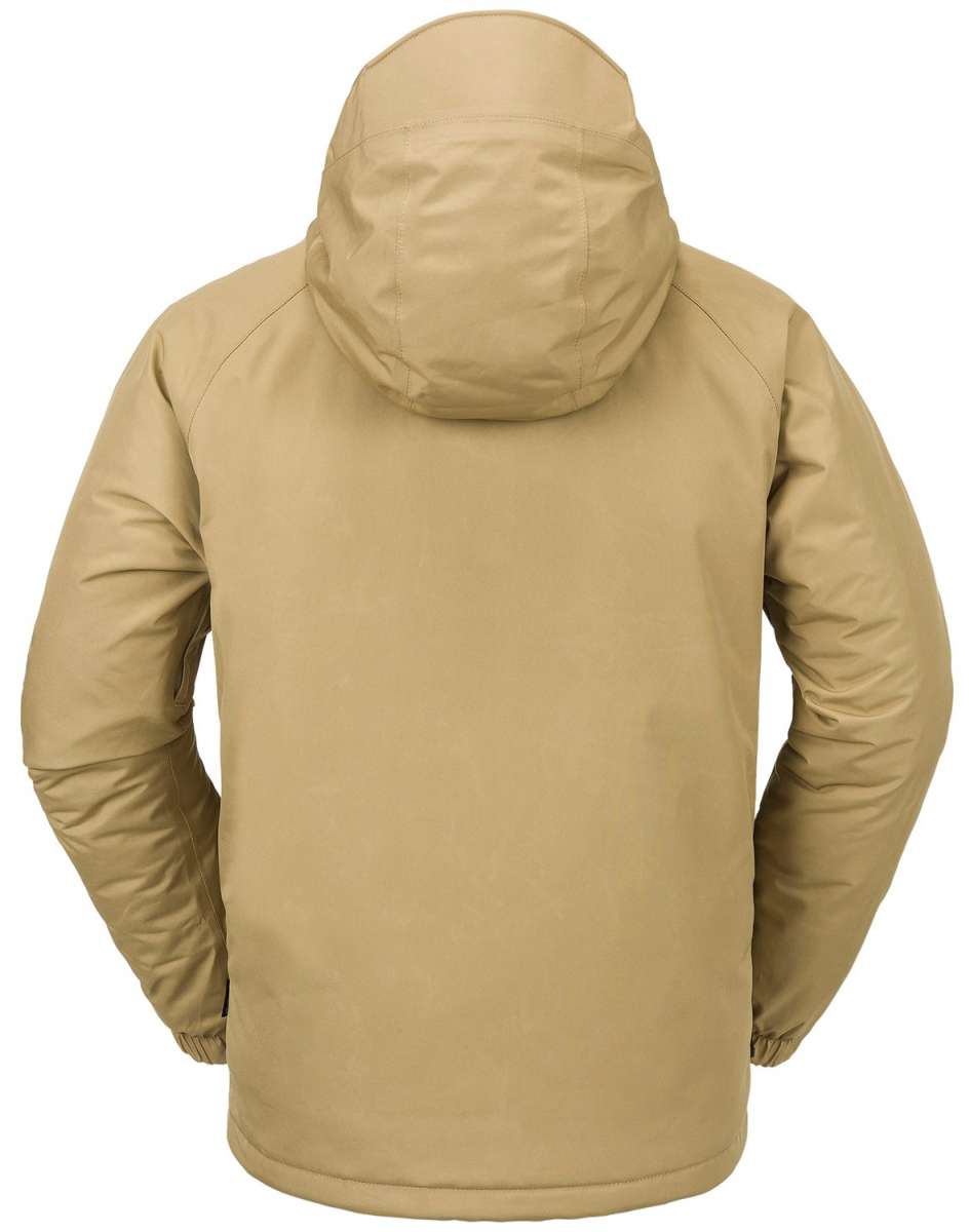 Volcom Dua Insulated GORE-TEX Jacket 2024 - A tan-colored jacket with a hood, featuring a zippered front and two side pockets.
