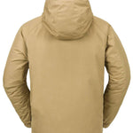 Volcom Dua Insulated GORE-TEX Jacket 2024 - A tan-colored jacket with a hood, featuring a zippered front and two side pockets.