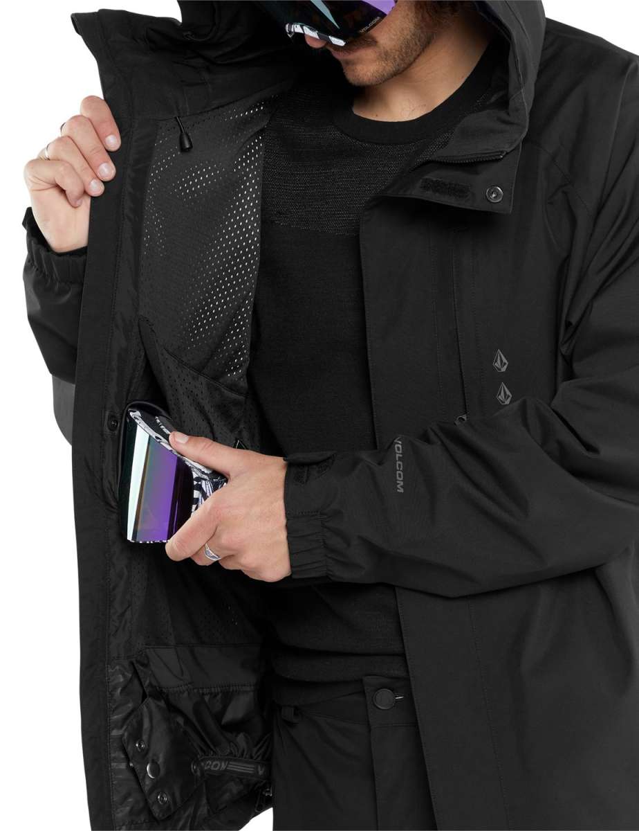 Volcom Dua Insulated GORE-TEX Jacket - A black jacket with a hood, featuring a mesh material on the inside of the collar and a zipper closure.