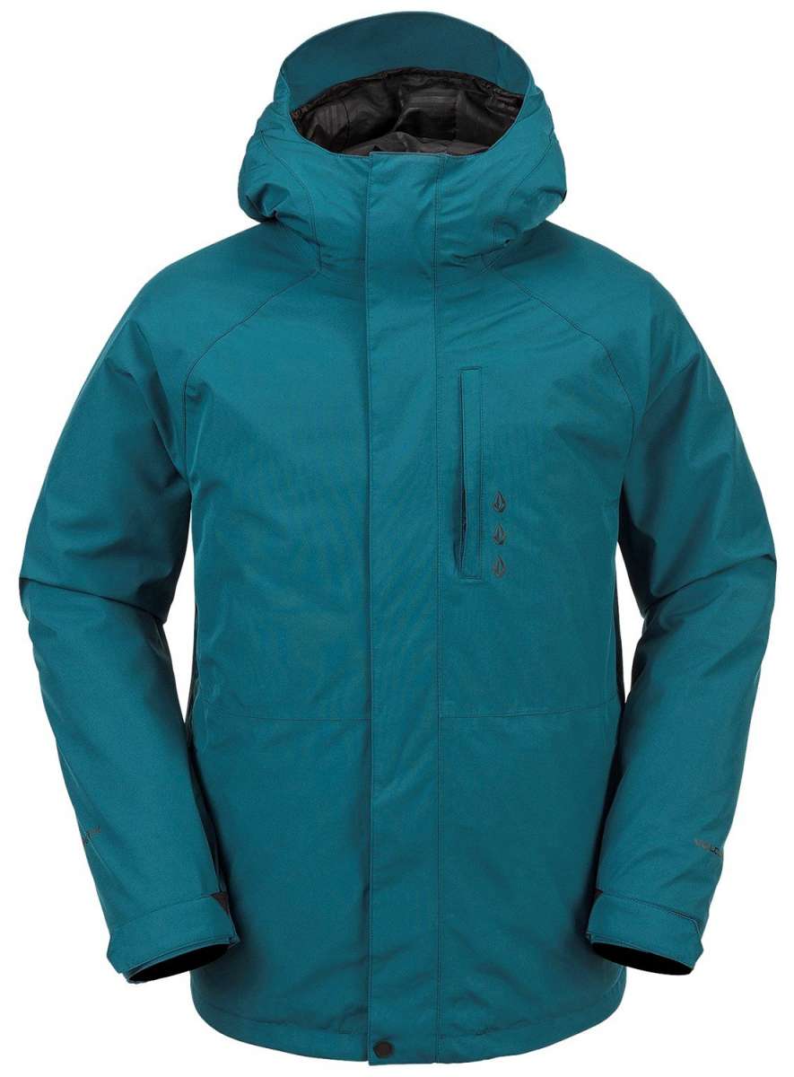 Volcom Dua Insulated GORE-TEX Jacket 2024 - A dark green jacket with a hood, featuring black zippers and adjustable cuffs.