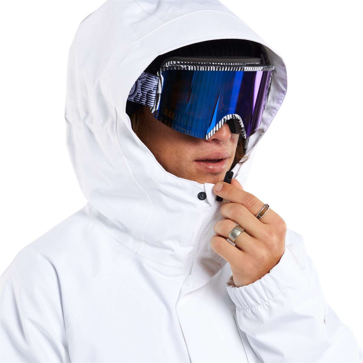 Volcom Dua Insulated GORE-TEX Jacket - A black and white jacket with a hood, featuring a zipper closure on the front.