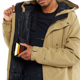 Volcom Dua Insulated GORE-TEX Jacket - A tan jacket with a black zipper and black logo on the left chest, featuring a hood and two zippered pockets.