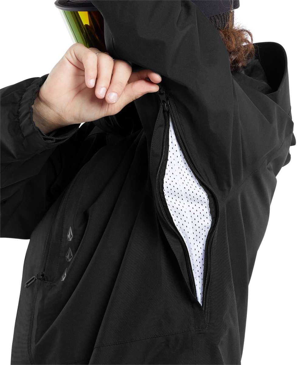 Volcom Dua Insulated GORE-TEX Jacket - A black jacket with a hood, featuring a zipper and snap buttons down the front.