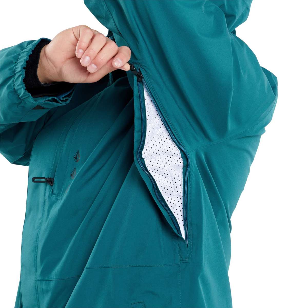 Volcom Dua Insulated GORE-TEX Jacket - A dark green jacket with a black zipper and two zippered pockets on the front, featuring a hood and adjustable cuffs.