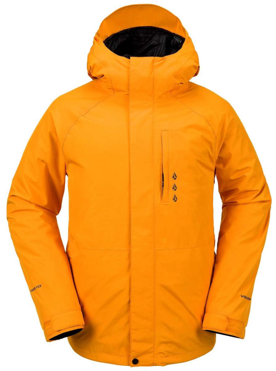 Volcom Dua Insulated GORE-TEX Jacket - A bright orange jacket with a hood, featuring black hardware and a zippered chest pocket.