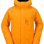 Volcom Dua Insulated GORE-TEX Jacket - A bright orange jacket with a hood, featuring black hardware and a zippered chest pocket.