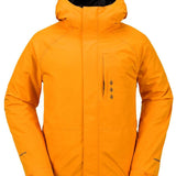 Volcom Dua Insulated GORE-TEX Jacket - A bright orange jacket with a hood, featuring black hardware and a zippered chest pocket.