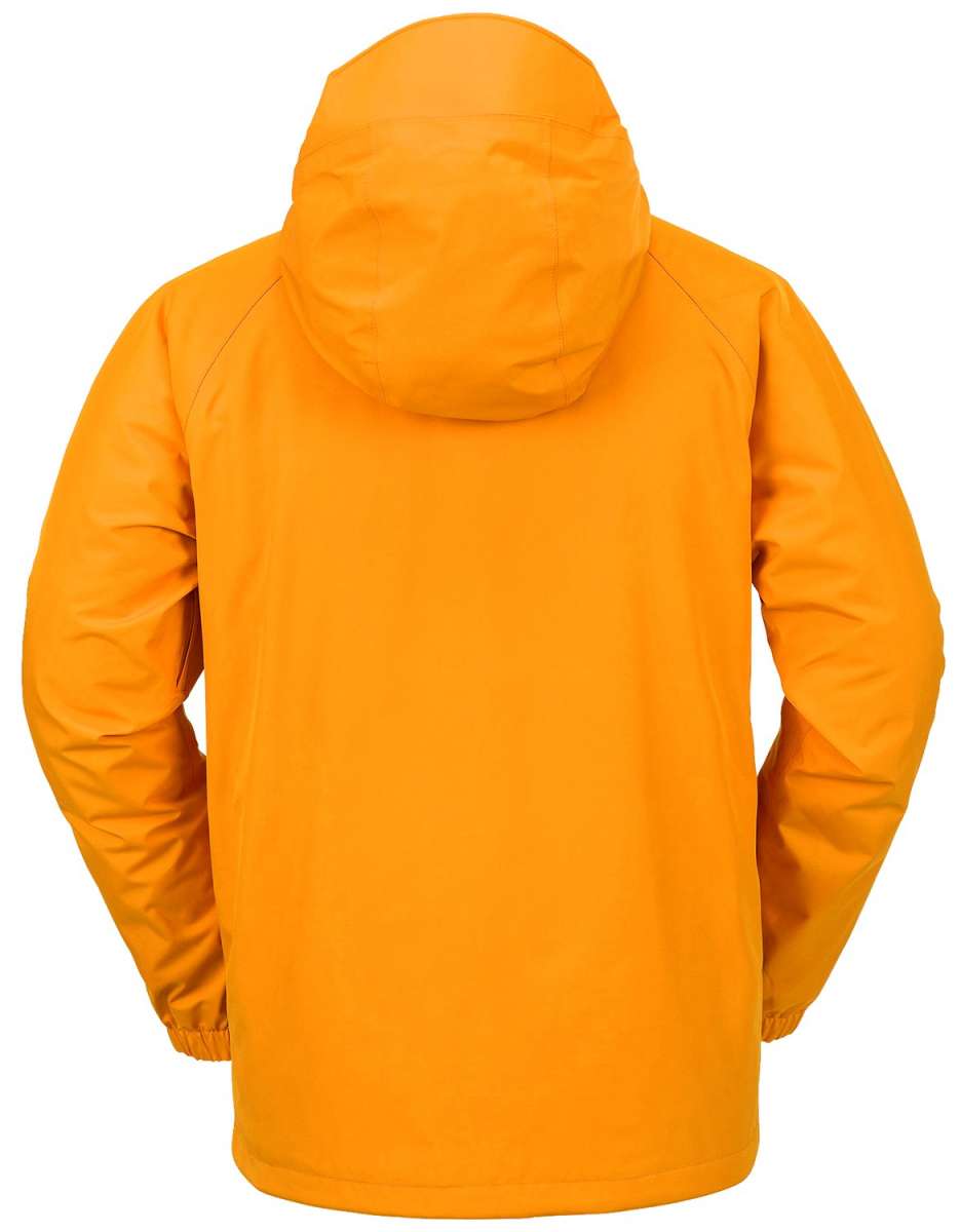 Volcom Dua Insulated GORE-TEX Jacket 2024 - A bright orange jacket with a hood, featuring black zippers and adjustable cuffs.