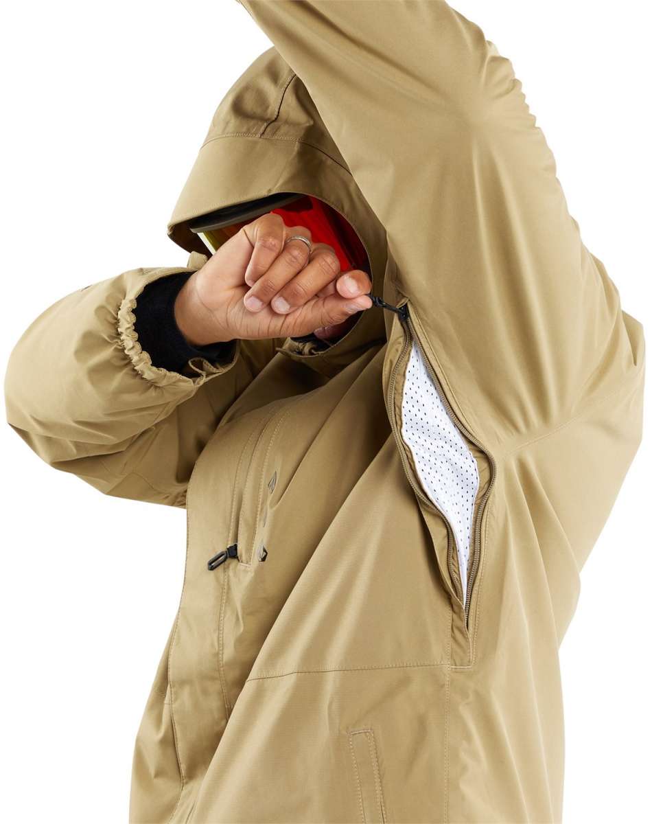 Volcom Dua Insulated GORE-TEX Jacket 2024 - A tan jacket with a hood, featuring black zippers and a white logo on the chest.