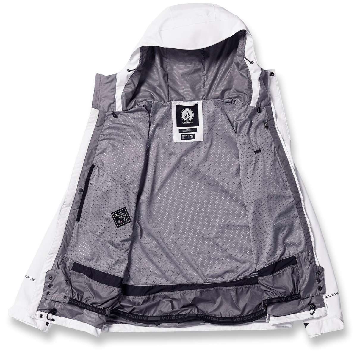 Volcom Dua Insulated GORE-TEX Jacket 2024 - A white jacket with a hood, featuring black zippers and a black logo on the chest.