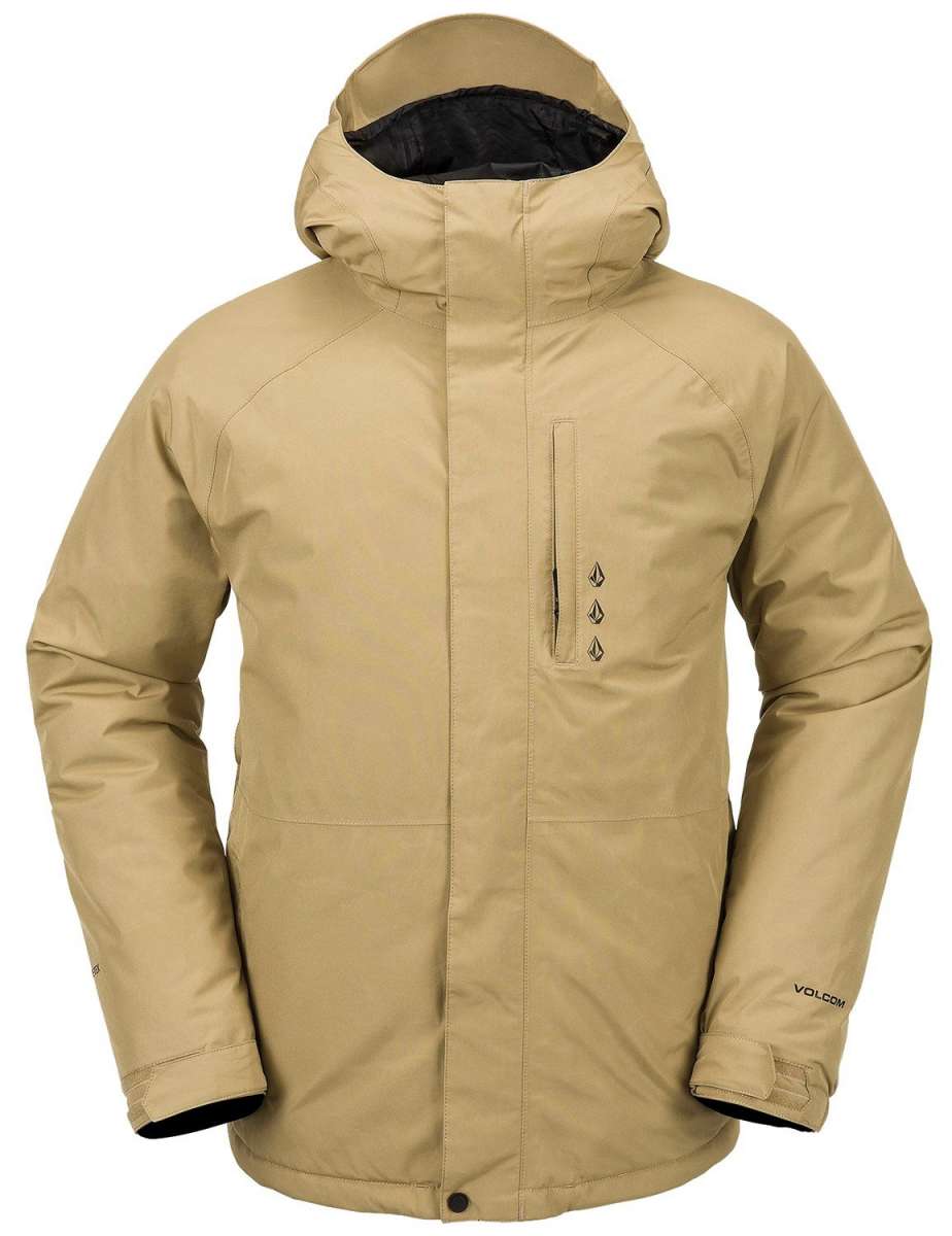 Volcom Dua Insulated GORE-TEX Jacket 2024 - A tan jacket with a hood, featuring black stitching and three black logos on the chest.