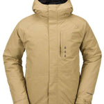Volcom Dua Insulated GORE-TEX Jacket 2024 - A tan jacket with a hood, featuring black stitching and three black logos on the chest.