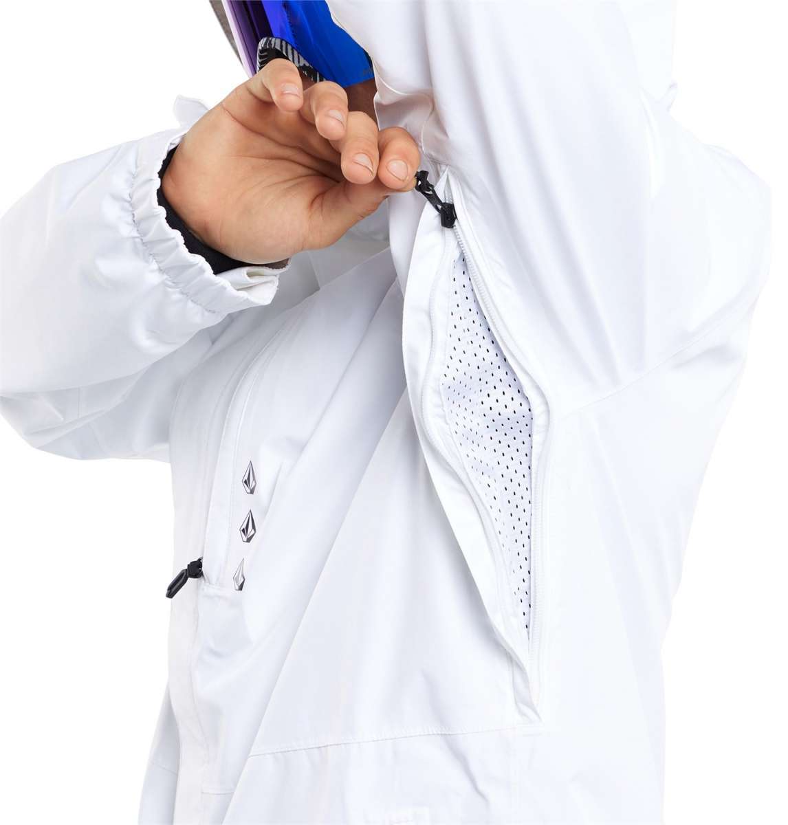 Volcom Dua Insulated GORE-TEX Jacket 2024 - A white jacket with a blue zipper and black drawstring on the hood.