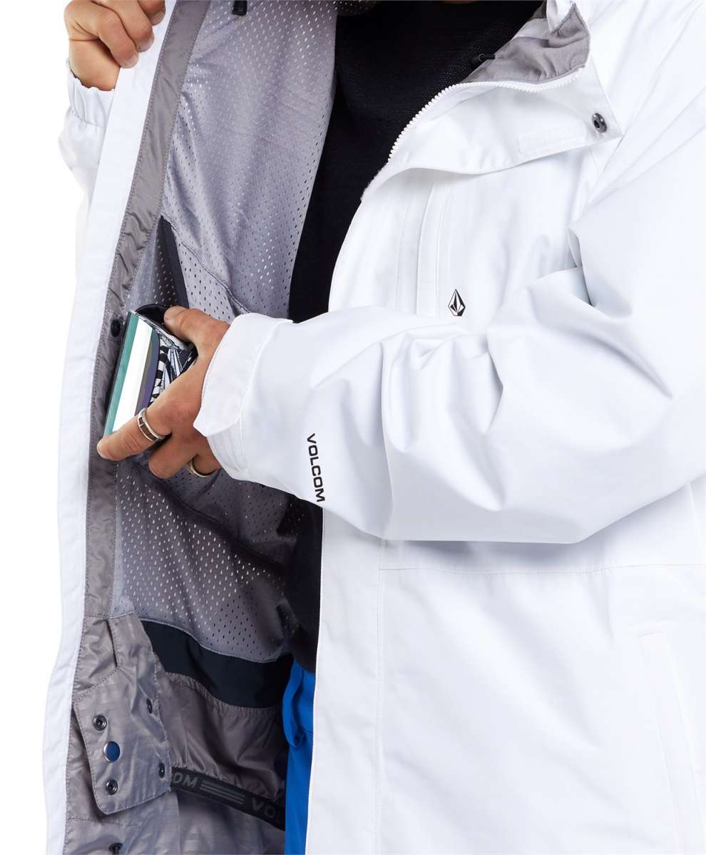 Volcom Dua Insulated GORE-TEX Jacket 2024 - A white jacket with a black zipper and two chest pockets, featuring a gray lining and a black logo on the left sleeve.
