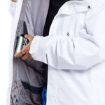 Volcom Dua Insulated GORE-TEX Jacket 2024 - A white jacket with a black zipper and two chest pockets, featuring a gray lining and a black logo on the left sleeve.
