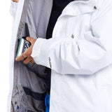 Volcom Dua Insulated GORE-TEX Jacket 2024 - A white jacket with a black zipper and two chest pockets, featuring a gray lining and a black logo on the left sleeve.