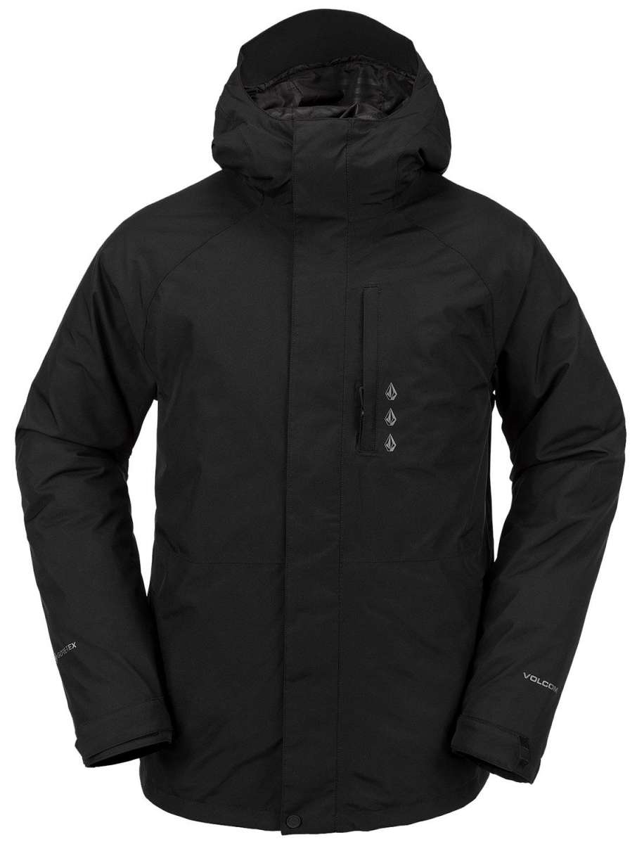 Volcom Dua Insulated GORE-TEX Jacket 2024 - A black jacket with a hood, featuring white logos on the chest and sleeve.