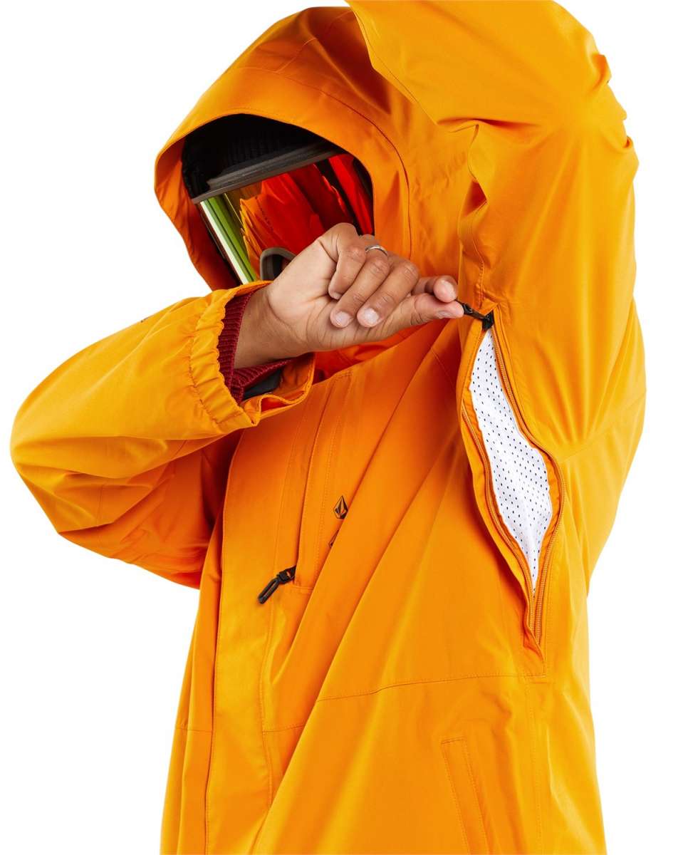 Volcom Dua Insulated GORE-TEX Jacket - A bright orange jacket with a hood, featuring black zippers and adjustable cuffs.