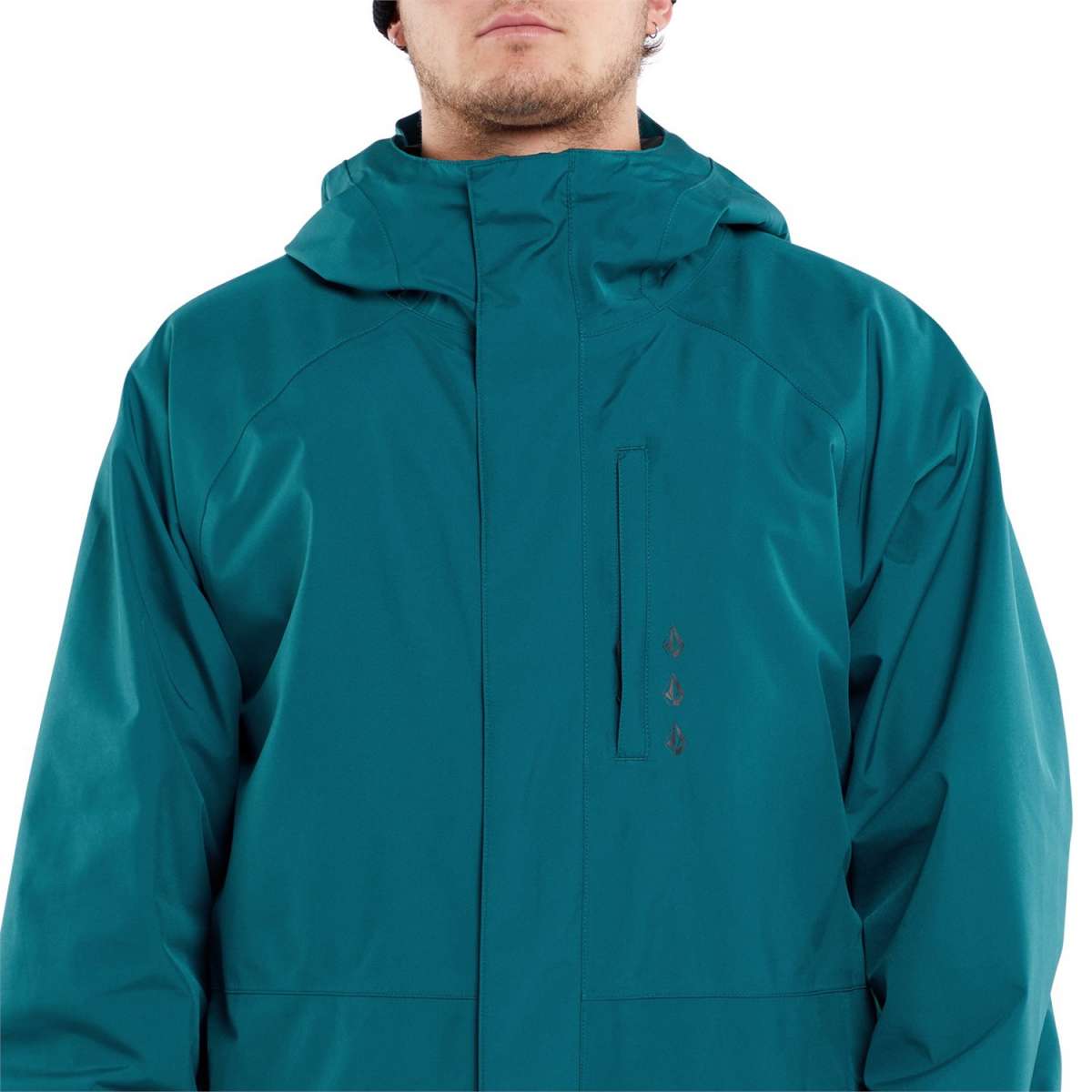 Volcom Dua Insulated GORE-TEX Jacket 2024 - A dark green jacket with a hood, featuring a zippered front and two side pockets.