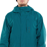 Volcom Dua Insulated GORE-TEX Jacket 2024 - A dark green jacket with a hood, featuring a zippered front and two side pockets.