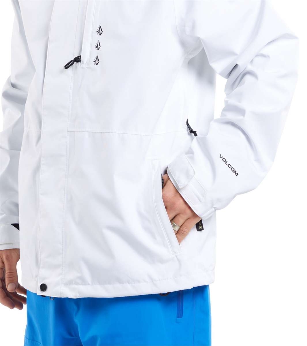Volcom Dua Insulated GORE-TEX Jacket 2024 - A white jacket with black zipper and logo, featuring a chest pocket on the left side.