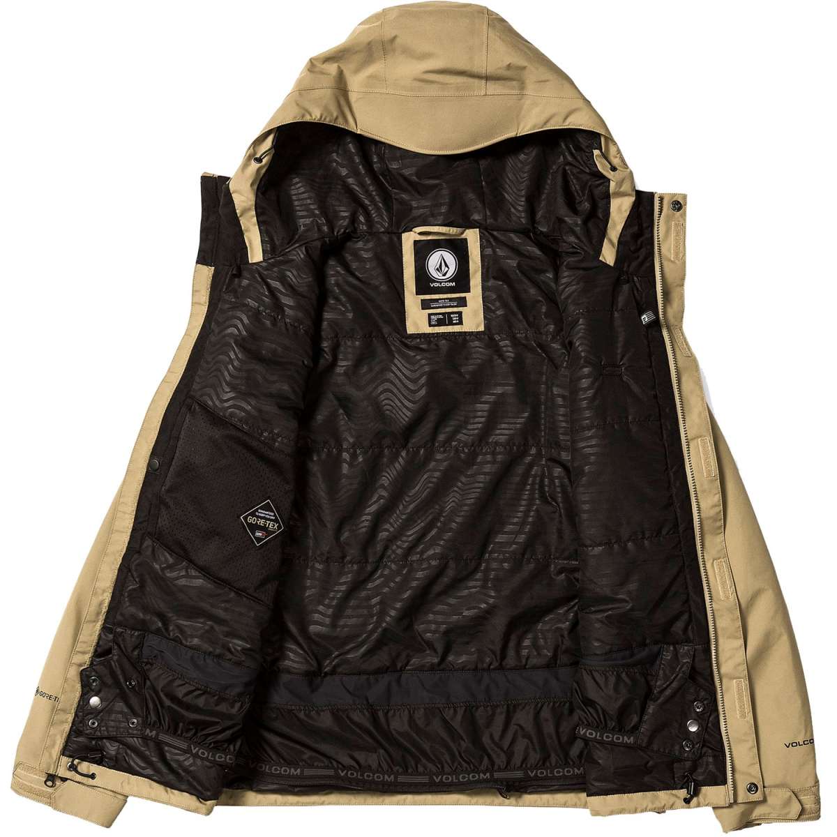 Volcom Dua Insulated GORE-TEX Jacket 2024 - A tan-colored jacket with a hood, featuring black zippers and a black logo on the chest.