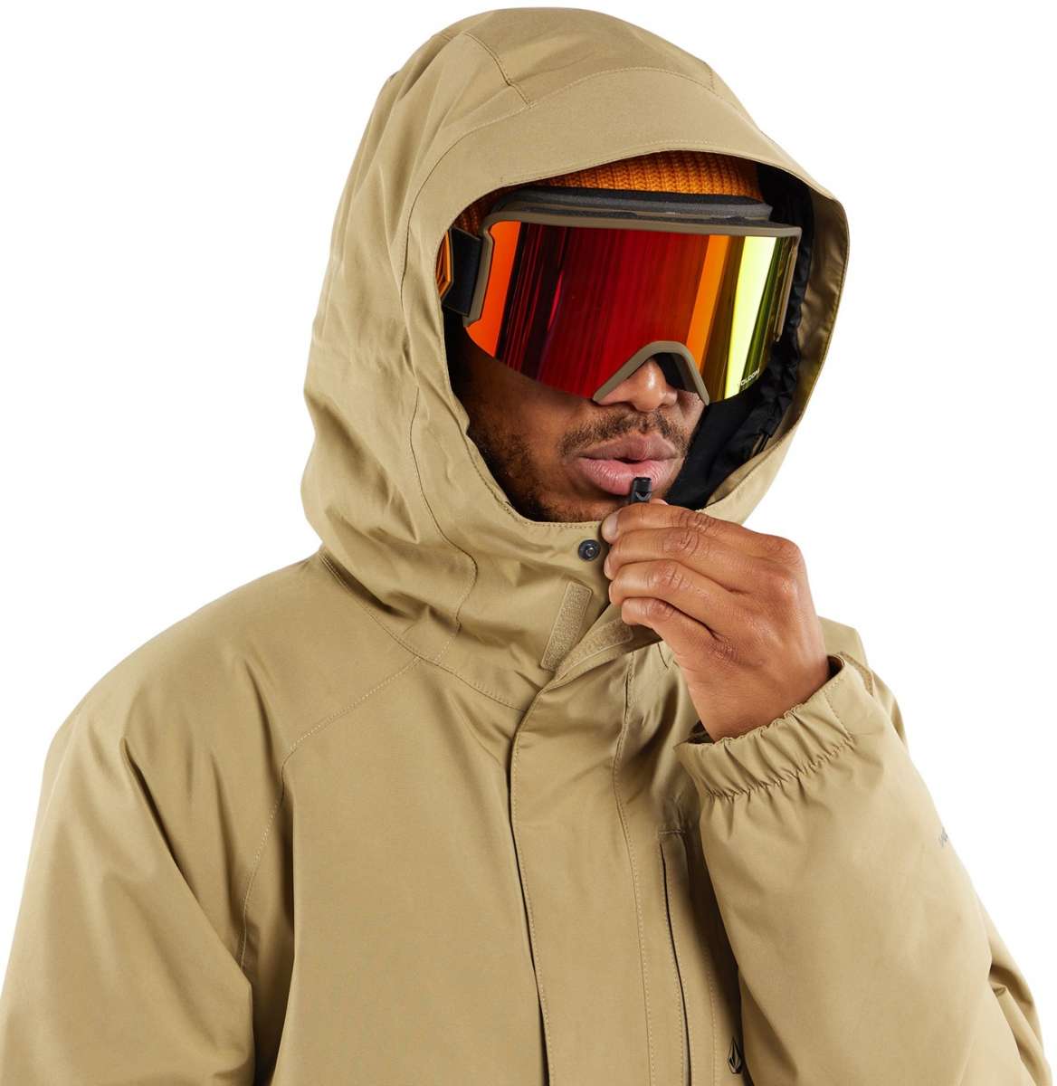 Volcom Dua Insulated GORE-TEX Jacket - A tan jacket with a hood, featuring black zippers and a black logo on the left chest.